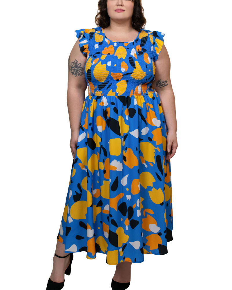 Front of a model wearing a size XL Mina Midi Dress Abstract Floral Smocked Bodice in Blue by ANNICK. | dia_product_style_image_id:294784